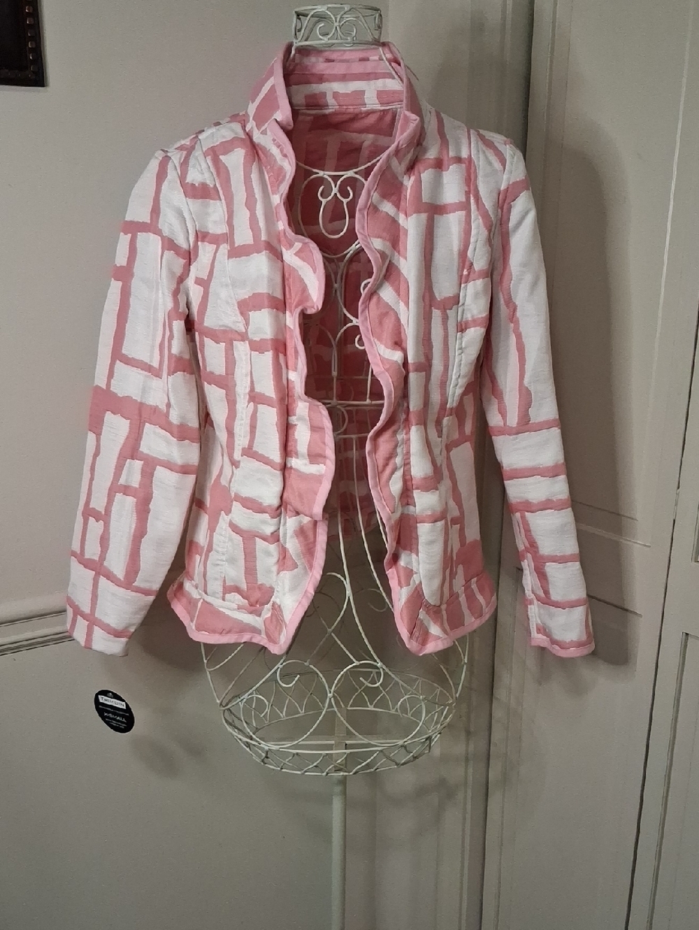 Pink & White Patterned Ruffle Blazer